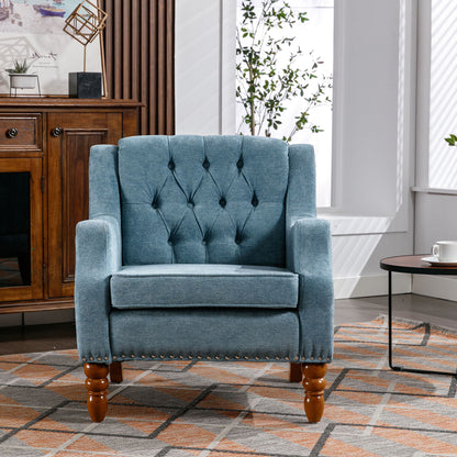 Accent Chair, Living Room Chair, Footrest Chair Set With Vintage Brass Studs, Button Tufted Upholstered Armchair For Living Room, Comfy Reading Chair For Bedroom, Reception Room - Blue