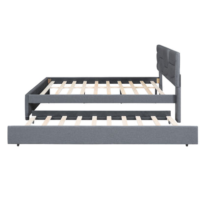 Queen Size Upholstered Platform Bed With Brick Pattern Headboard And Twin Long Size Trundle - Gray