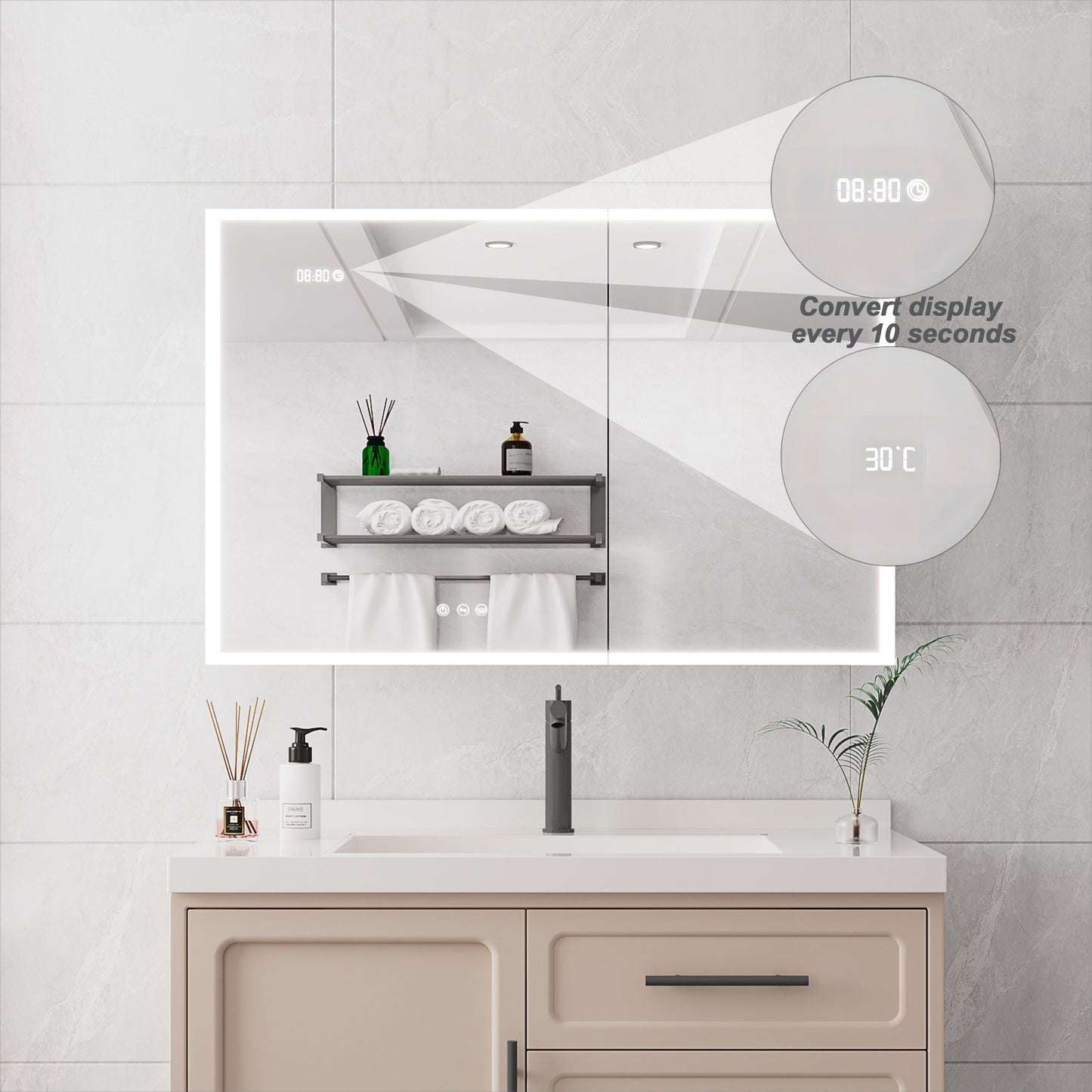 Bathroom Medicine Cabinet With Lights, LED Medicine Cabinet With Mirror, Double Door Lighted Medicine Cabinet & Defogger, Dimmer, Clock & Temp Display, 2 Outlets & USB Ports - Silver