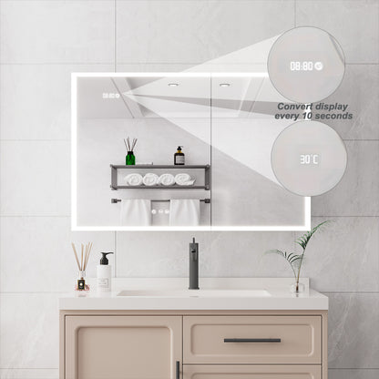 Bathroom Medicine Cabinet With Lights, LED Medicine Cabinet With Mirror, Double Door Lighted Medicine Cabinet & Defogger, Dimmer, Clock & Temp Display, 2 Outlets & USB Ports - Silver