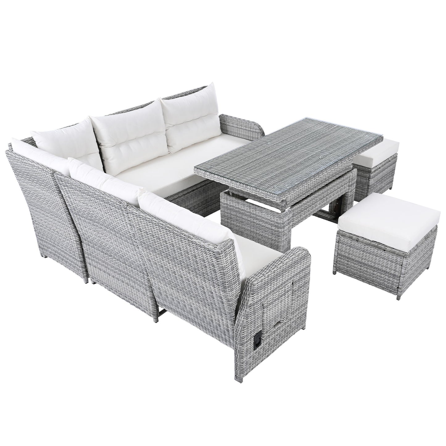 Outdoor Furniture Set Patio Rattan Furniture Set With An Adjustable Table, Recliners With Extendable Side Tables, And 2 Ottomans For Patio, Lawn, Backyard, Pool - Beige