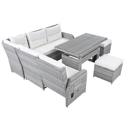 Outdoor Furniture Set Patio Rattan Furniture Set With An Adjustable Table, Recliners With Extendable Side Tables, And 2 Ottomans For Patio, Lawn, Backyard, Pool - Beige