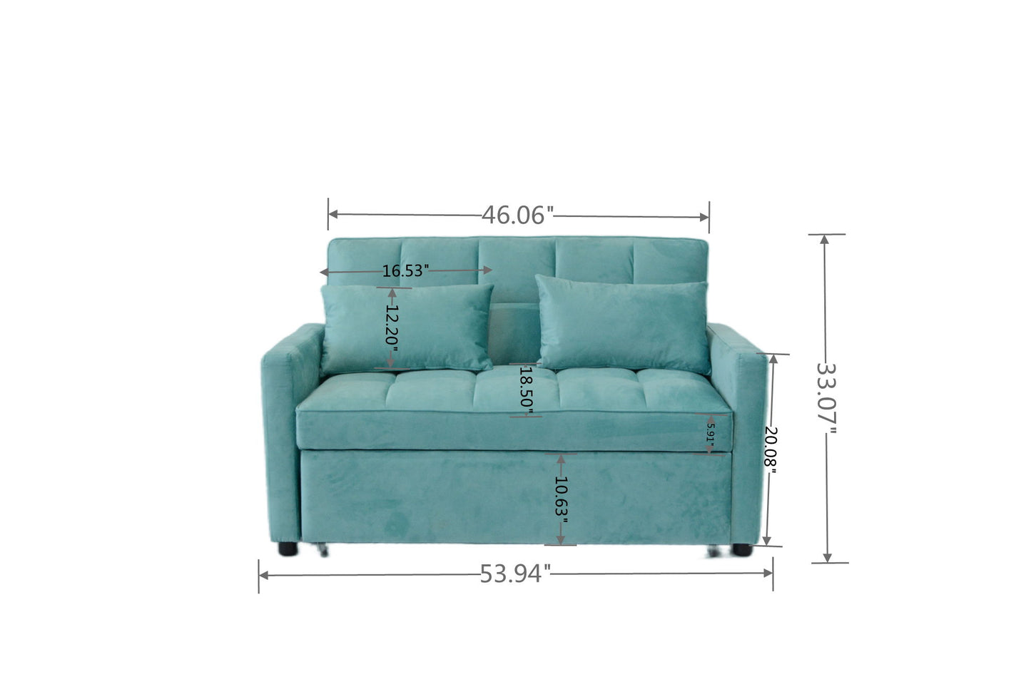 Velvet Two Seater Pull Out Sofa Bed, Adjustable Backrest With Three USB Ports, Two Side Pockets, 3 In 1 Convertible Sleeper Sofa Bed, Modern Love Seat Lounge Sofa For Living Room - Light Blue