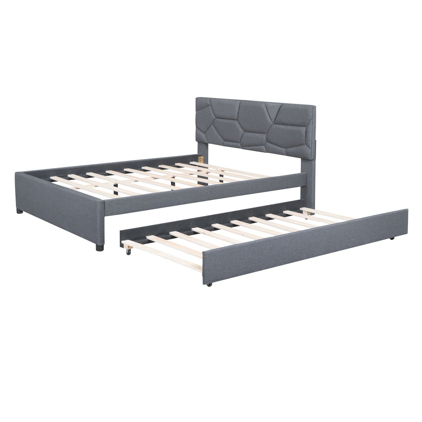 Queen Size Upholstered Platform Bed With Brick Pattern Headboard And Twin Long Size Trundle - Gray