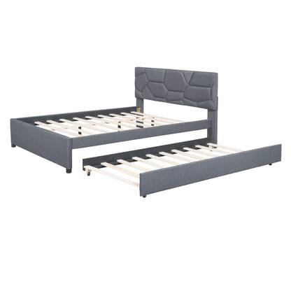 Queen Size Upholstered Platform Bed With Brick Pattern Headboard And Twin Long Size Trundle - Gray