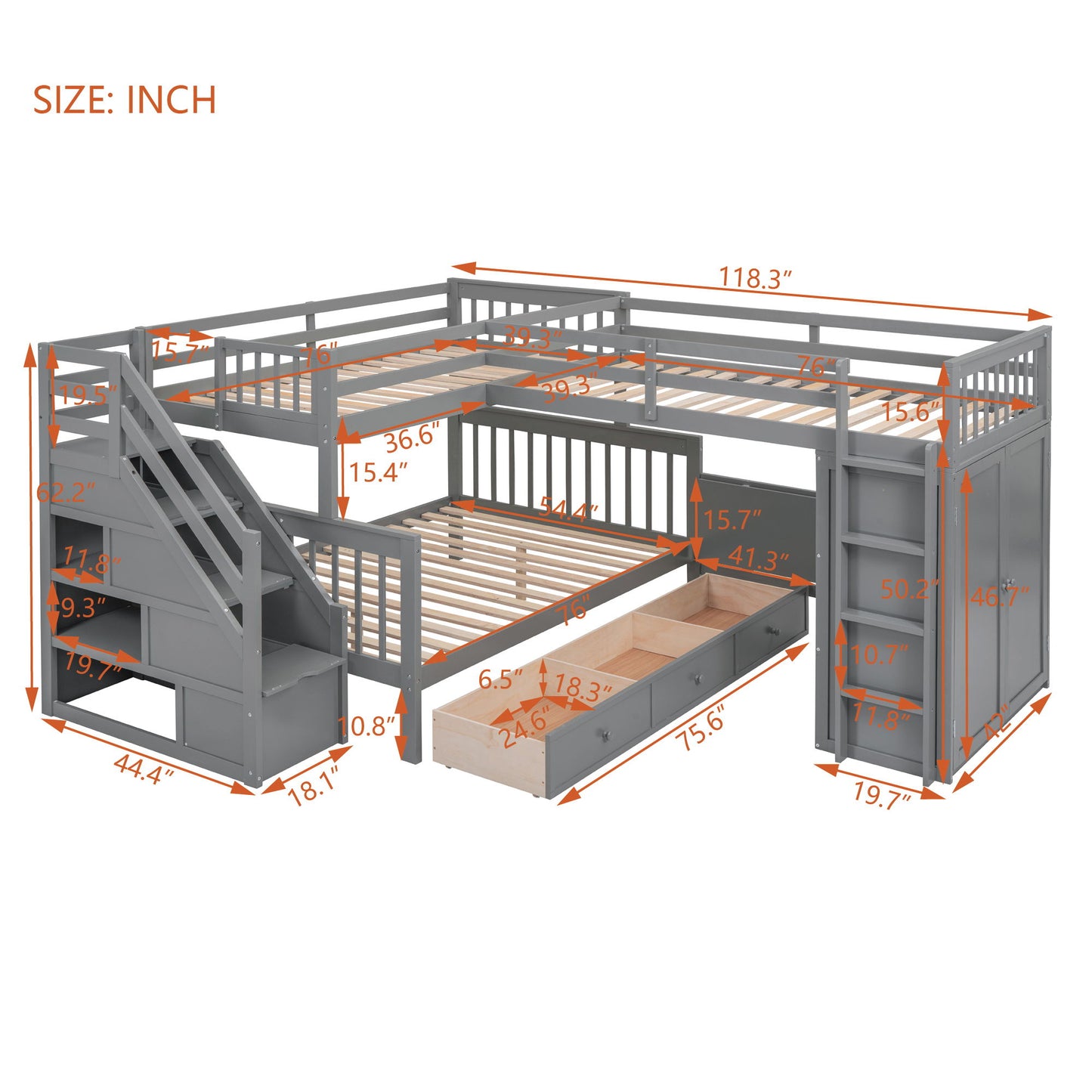 Twin Twin Over Full L Shaped Bunk Bed With 3 Drawers, Portable Desk And Wardrobe - Gray