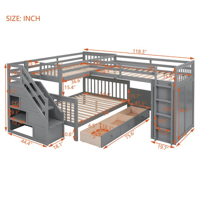 Twin Twin Over Full L Shaped Bunk Bed With 3 Drawers, Portable Desk And Wardrobe - Gray