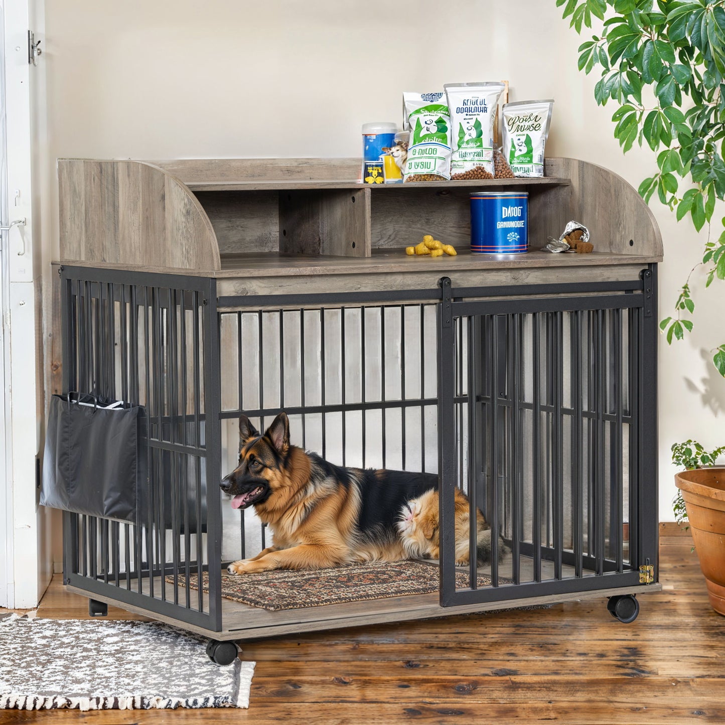 44'' Heavy Duty Large Dog Crate Furniture For Large Medium Dog With Lockable Wheels, Wooden Dog Crate Dog Kennel, End Table Crate With Double Layer Storage - Gray