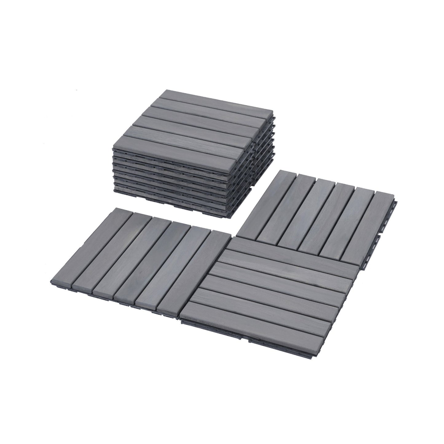 10 Piece Interlocking Deck Tiles Striped Pattern, Square Acacia Hardwood Outdoor Flooring For Patio, Bancony, Pool Side - Light Gray