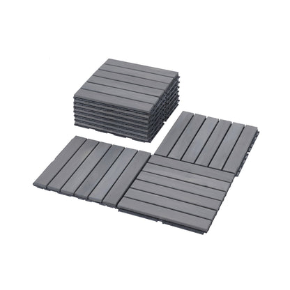 10 Piece Interlocking Deck Tiles Striped Pattern, Square Acacia Hardwood Outdoor Flooring For Patio, Bancony, Pool Side - Light Gray