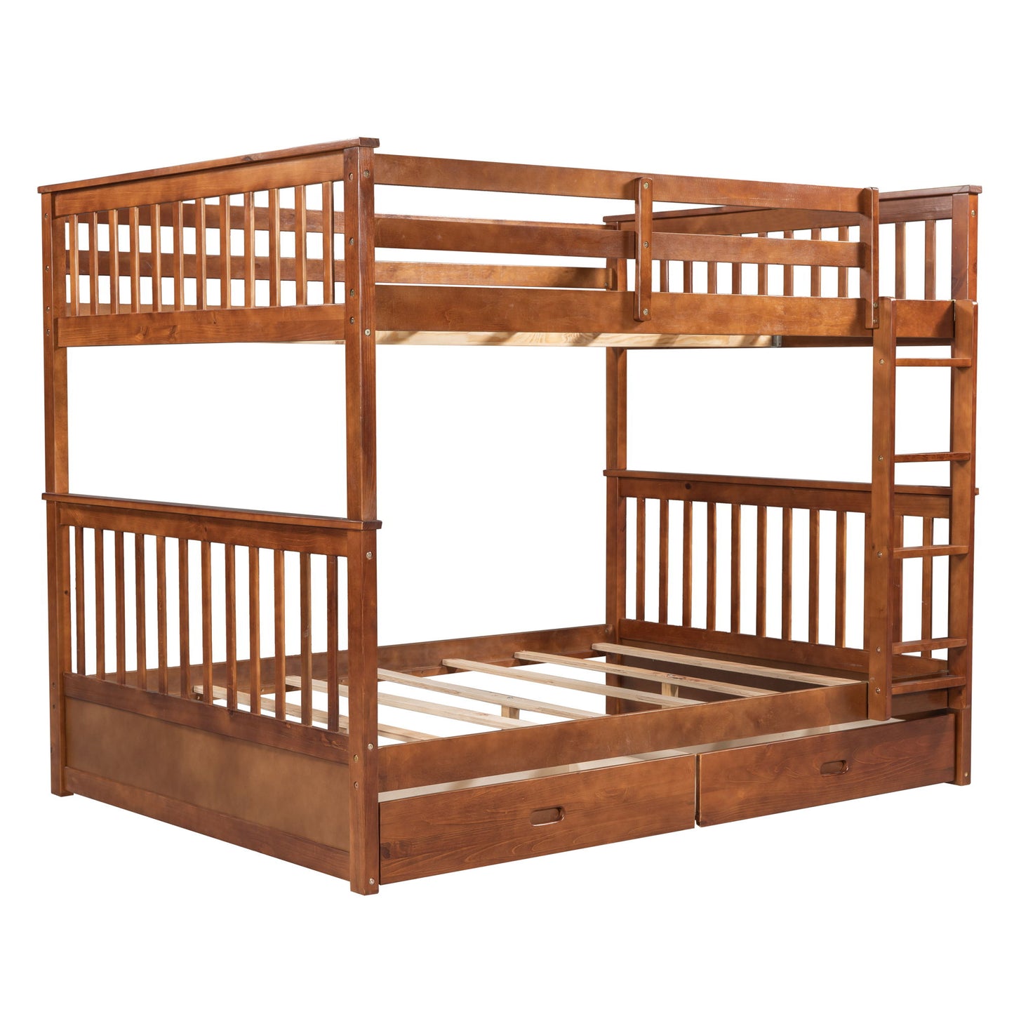 Full Over Full Bunk Bed With Ladders And 2 Storage Drawers - Walnut