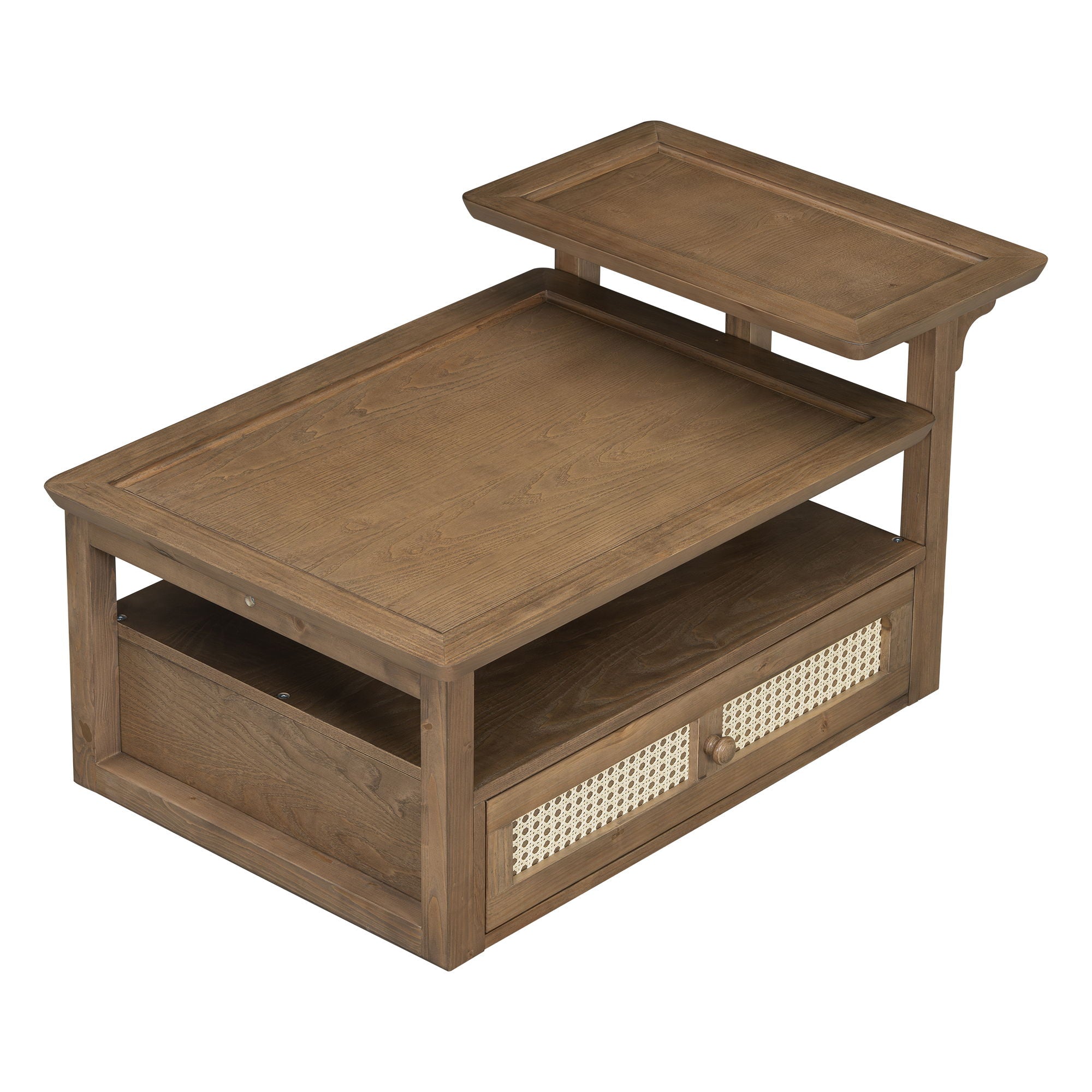 Modern Coffee Table, Coffee Table With 1 Storage Shelf, 2 Tabletops And 1 Rattan Drawer For Living Room - Dark Brown
