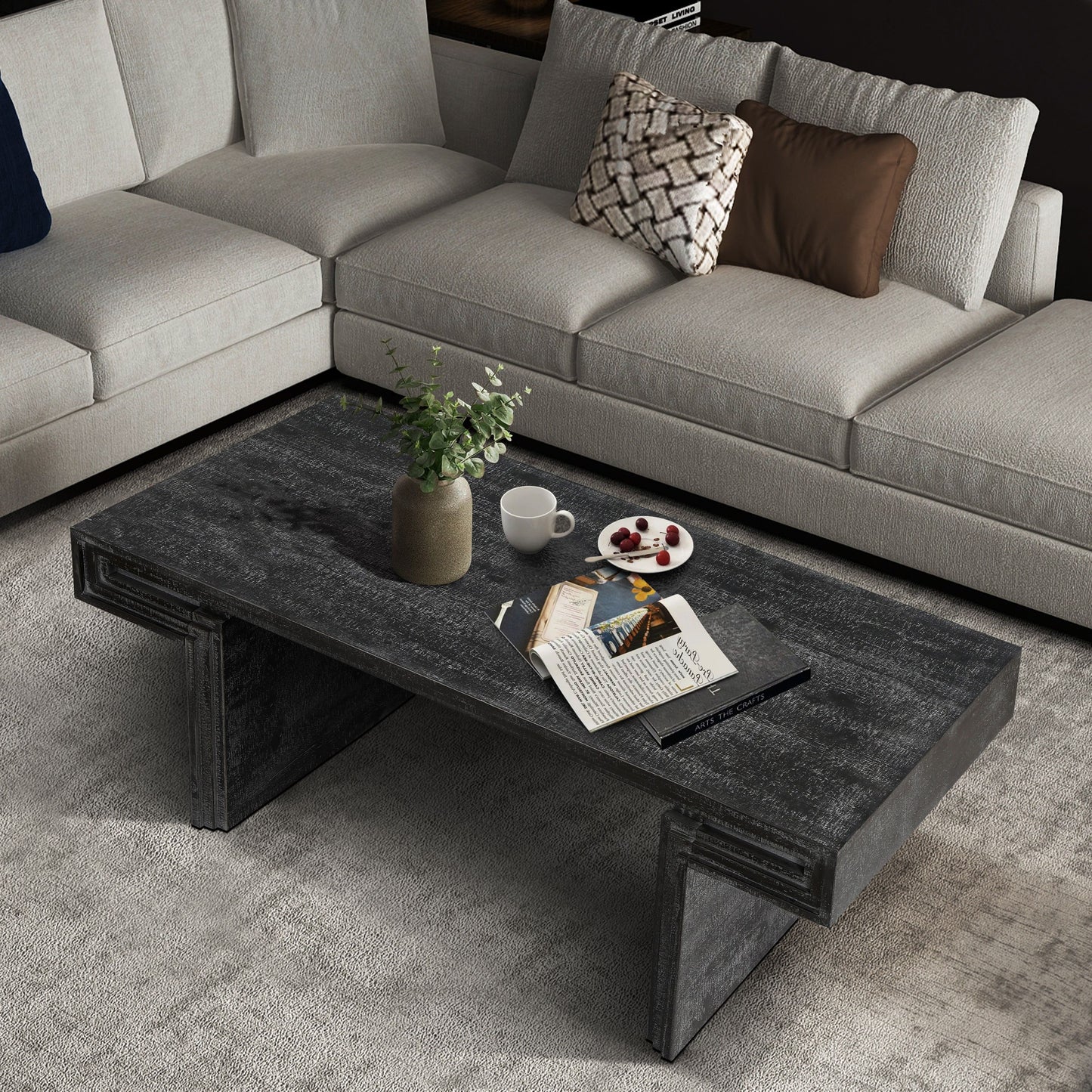 American Vintage Industrial Coffee Table, Premium Reclaimed Wood Texture, Double Tier Structure - Antique Black