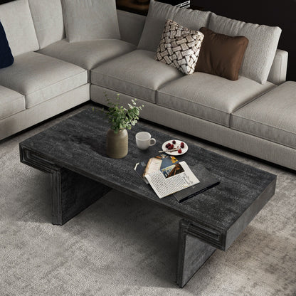 American Vintage Industrial Coffee Table, Premium Reclaimed Wood Texture, Double Tier Structure - Antique Black
