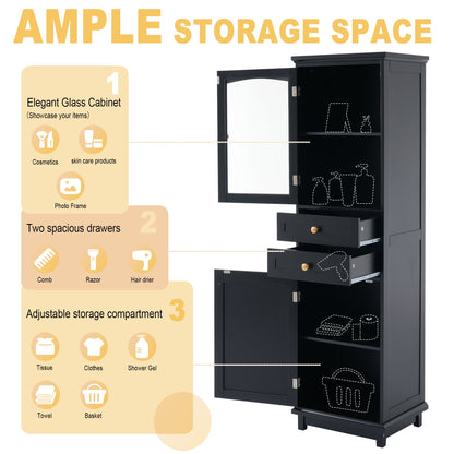 Tall Bathroom Storage Cabinet With Glass Doors, Free-Standing, Two Drawers, And Adjustable Shelves, MDF Board, Painted Perfect For Displaying Your Favorite Items - Black