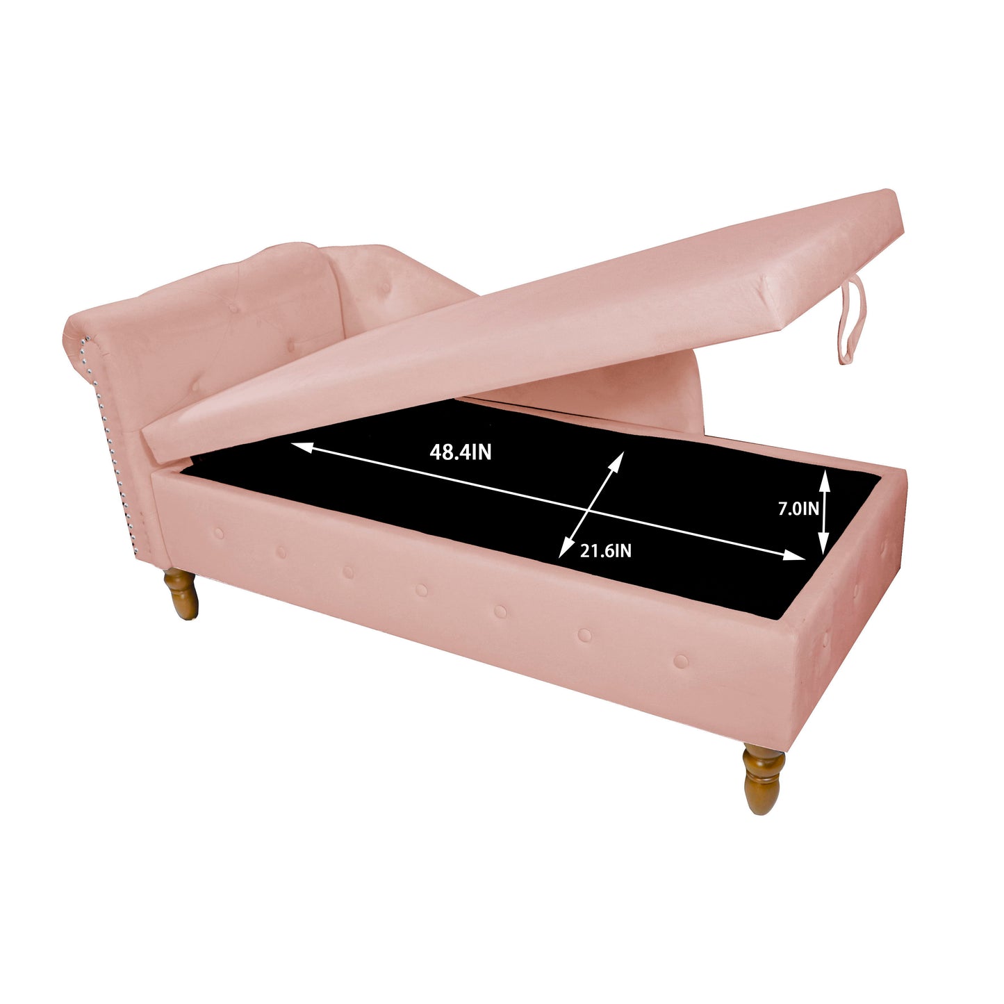 Chaise Lounge Indoor, Velvet Lounge Chair For Bedroom With Storage & Pillow, Modern Upholstered Rolled Arm Chase Lounge For Sleeping With Nailhead Trim For Living Room Bedroom Office - Pink