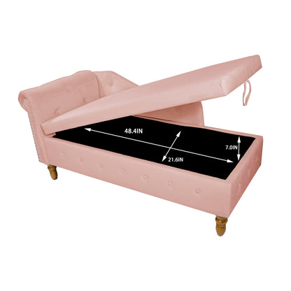 Chaise Lounge Indoor, Velvet Lounge Chair For Bedroom With Storage & Pillow, Modern Upholstered Rolled Arm Chase Lounge For Sleeping With Nailhead Trim For Living Room Bedroom Office - Pink