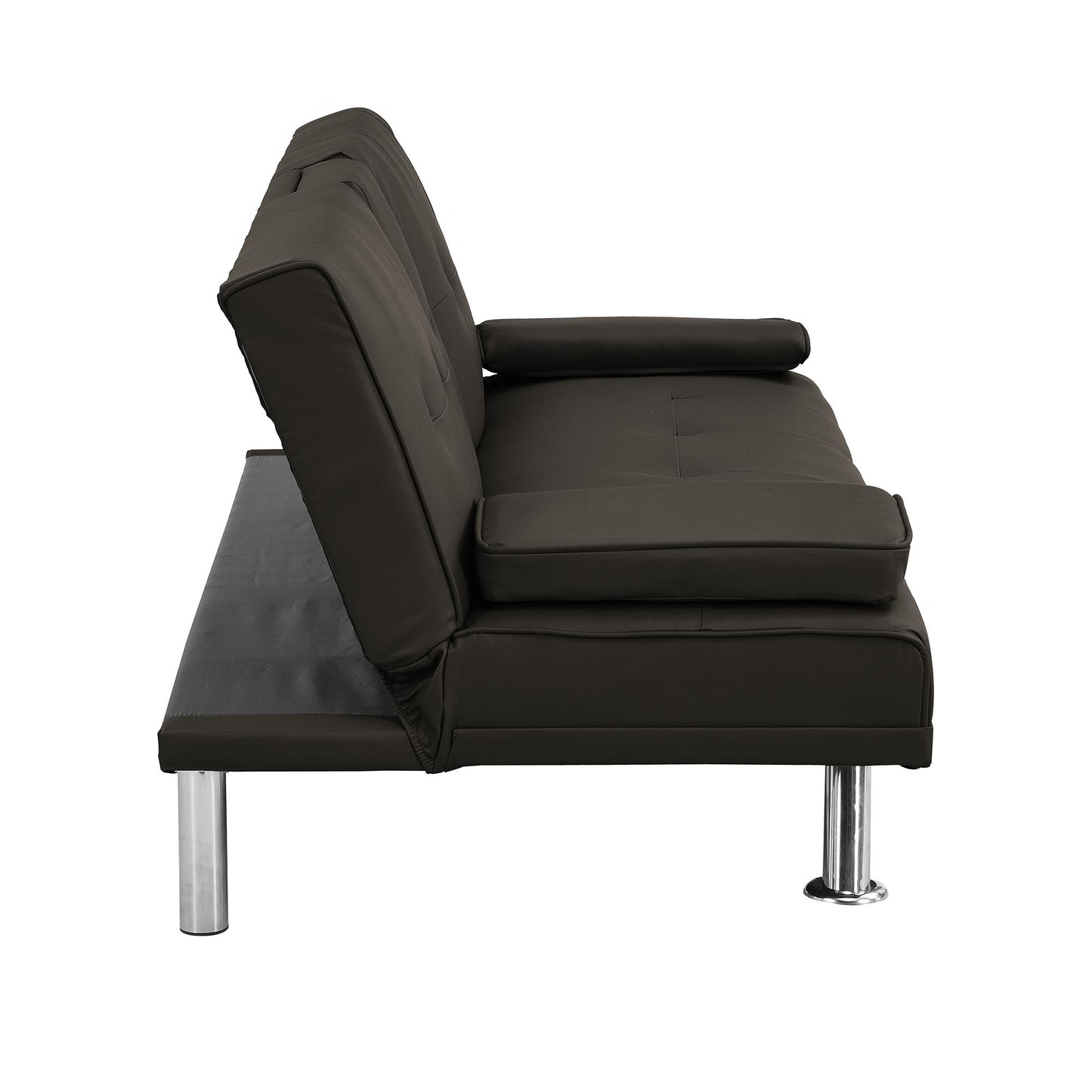 Sofa Bed With Armrest Two Holders Wood Frame, Stainless Leg, Futon - Brown