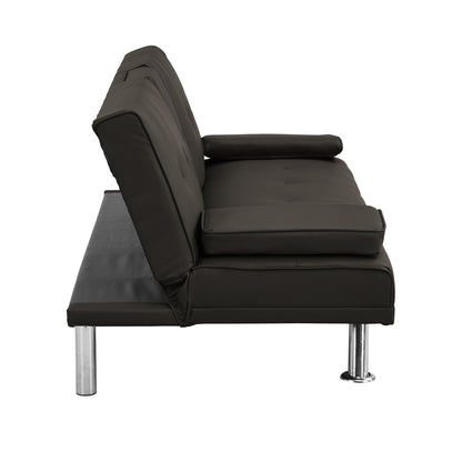 Sofa Bed With Armrest Two Holders Wood Frame, Stainless Leg, Futon - Brown