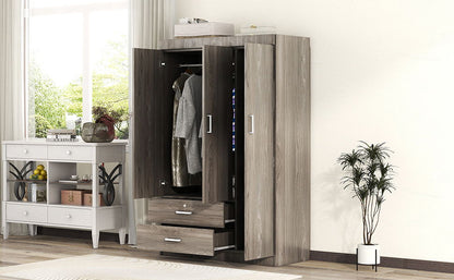 3 Door Wardrobe With 2 Drawers, Grain Effect - Gray