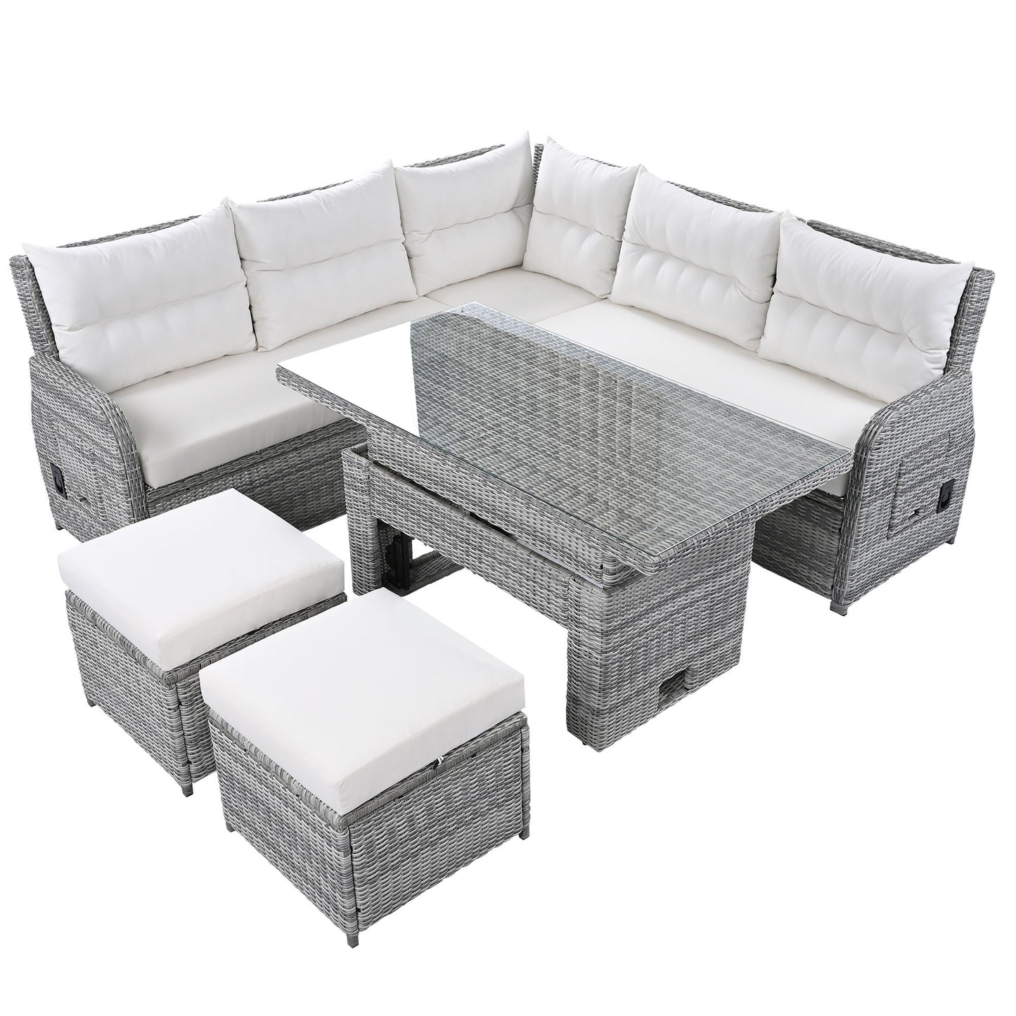 Outdoor Furniture Set Patio Rattan Furniture Set With An Adjustable Table, Recliners With Extendable Side Tables, And 2 Ottomans For Patio, Lawn, Backyard, Pool - Beige