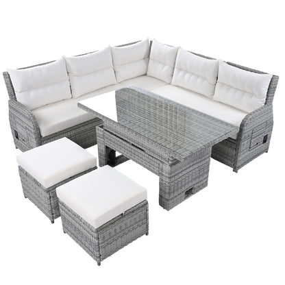 Outdoor Furniture Set Patio Rattan Furniture Set With An Adjustable Table, Recliners With Extendable Side Tables, And 2 Ottomans For Patio, Lawn, Backyard, Pool - Beige