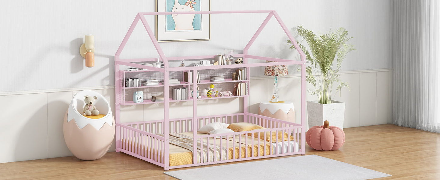 Full Size Bed House Frame With Fence And Shelves - Pink