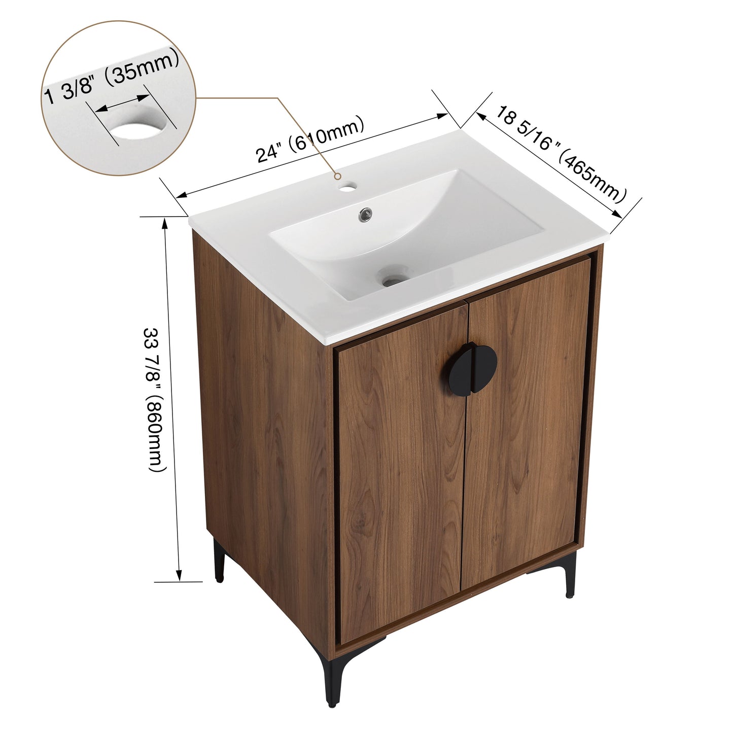 Modern 24'' Bathroom Vanity With Top Sink Storage Cabinet - Brown