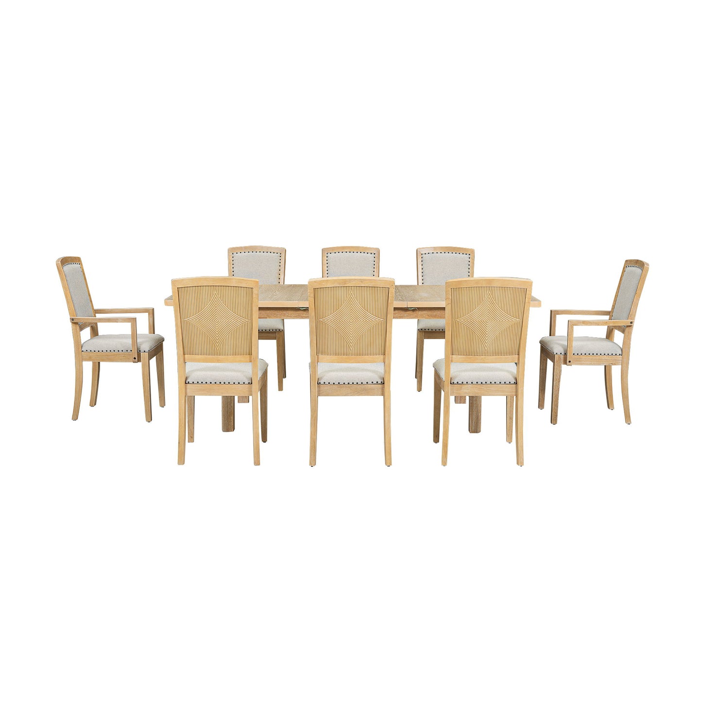 Topmax - Rustic Extendable Dining Table Set With Removable Leaf, 6 Upholstered Armless Dining Chairs And 2 Padded Arm Chairs, 9 Pieces - Natural