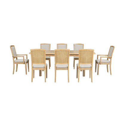 Topmax - Rustic Extendable Dining Table Set With Removable Leaf, 6 Upholstered Armless Dining Chairs And 2 Padded Arm Chairs, 9 Pieces - Natural