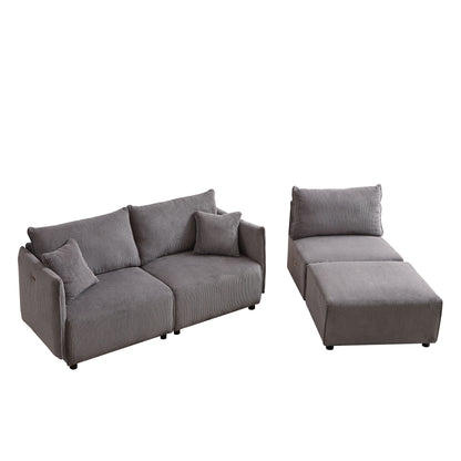 Multi Module Combination Style Sofa For Living Room And Other Lounge Spaces, Modern Minimalist Corduroy Combination Sofa With 2 Comfort Cushions With USB & C Charging Ports - Gray