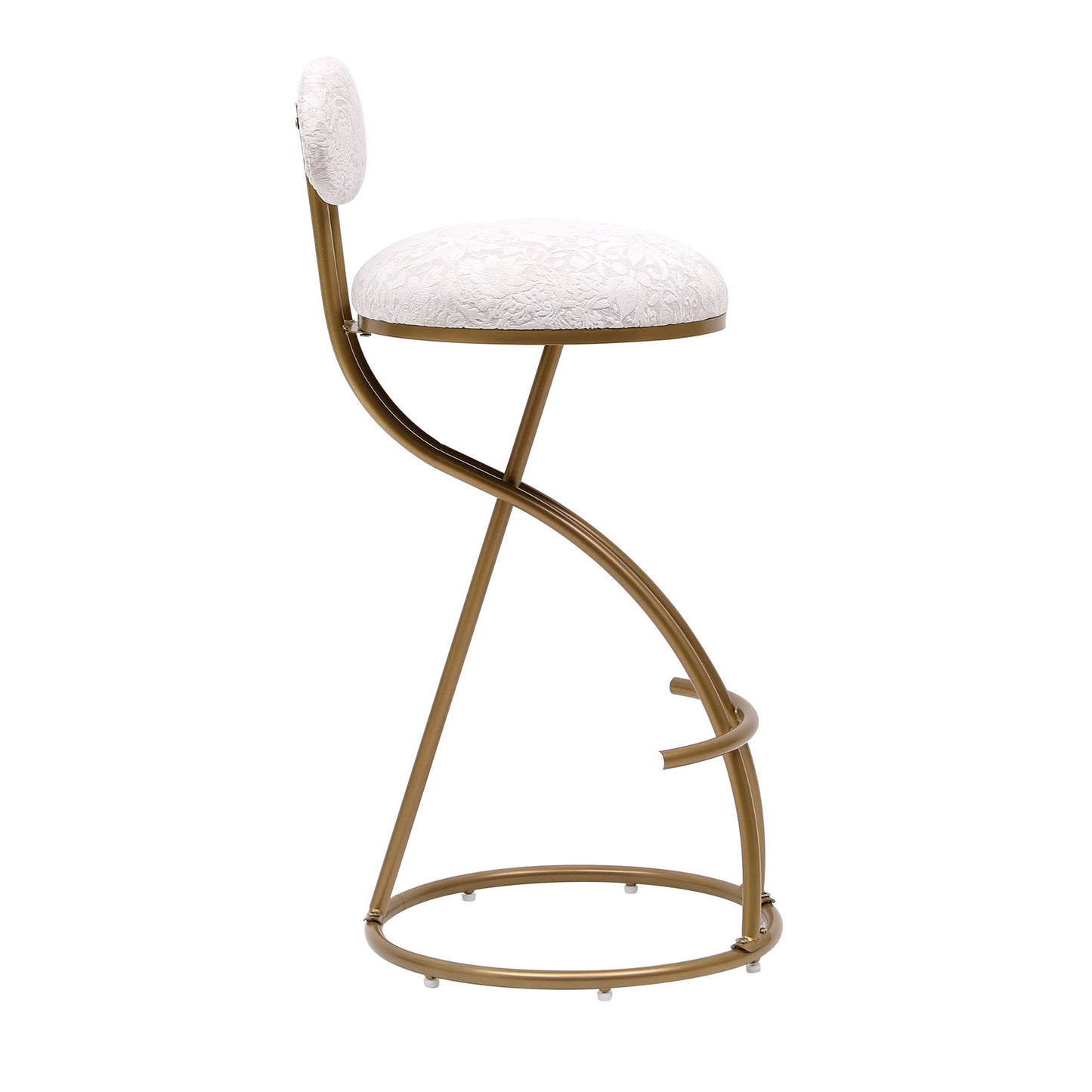 Modern S Shaped Bar Stools (Set of 2) With Backrest Floral Print Upholstered Dining Chairs Counter Height For Kitchen Island - Gold & White Print