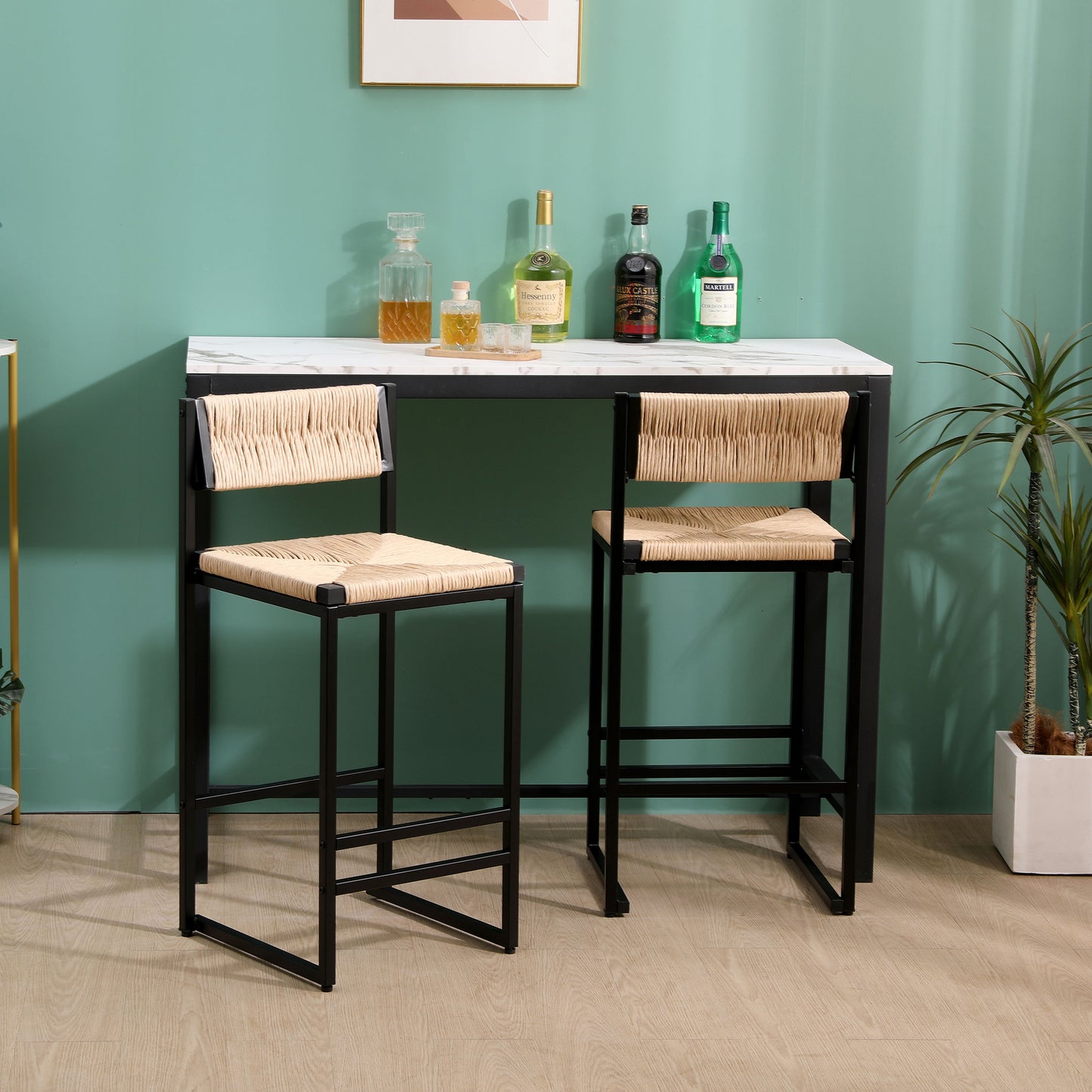Bar Stools (Set of 2) Paper Rope Weave Dining Chairs With Back Hand Weave Stools For Kichen Island, Bar & Counter - Honey