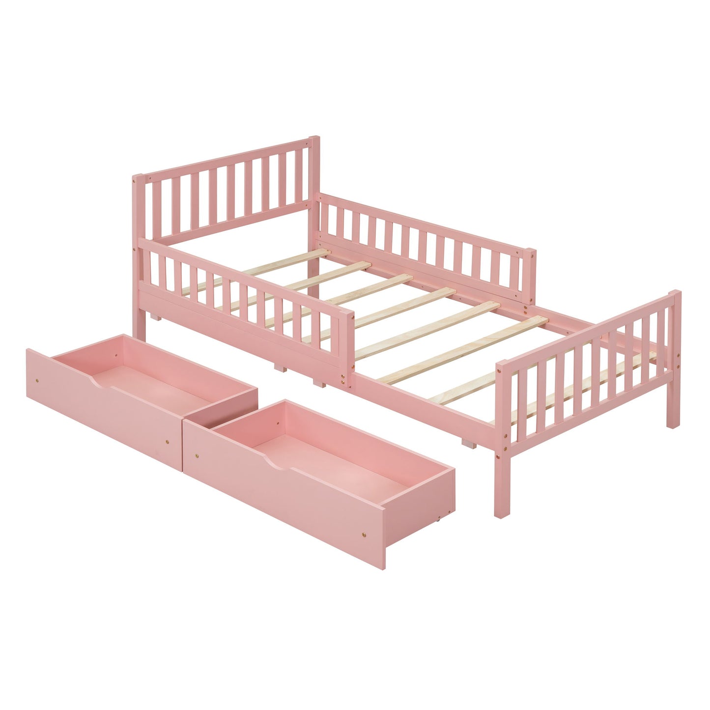 Twin Size Platform Bed With Guardrails On Both Sides And 2 Storage Drawers - Pink