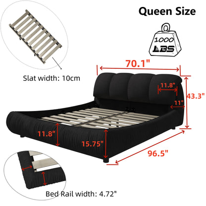 Queen Size Luxury Upholstered Platform Bed With Oversized Padded Backrest And Solid Wood Frame, Suitable For Multiple Heights Of Mattresses - Black