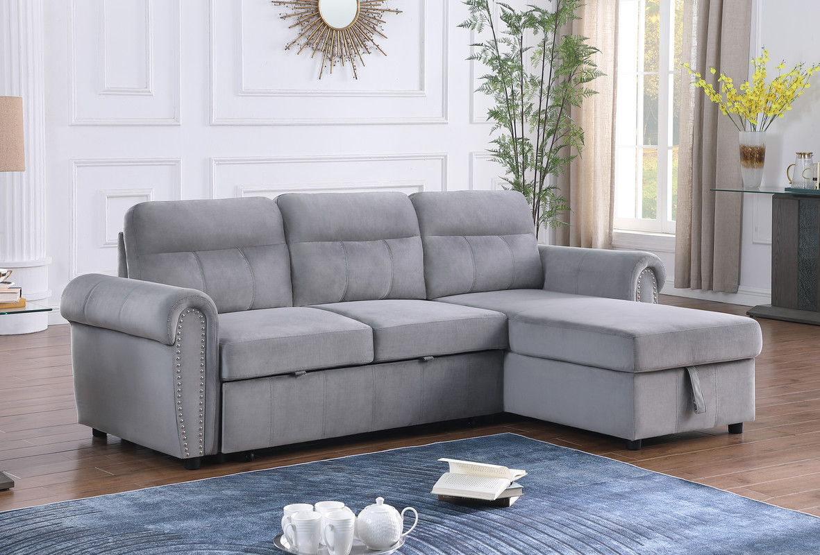 Ashton - Velvet Fabric Reversible Sleeper Sectional Sofa Chaise - Gray