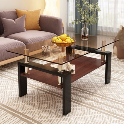 Modern Rectangular Coffee Table With Tempered Brown Glass Top And Layer Table For Living Room - Brown / Black