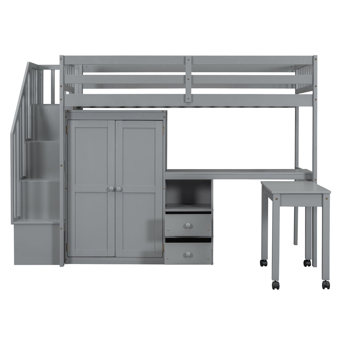 Twin Size Loft Bed With Stairs, Bookshelf, Drawers, Desk & Wardrobe, Space Saving Multifunctional Furniture - Gray