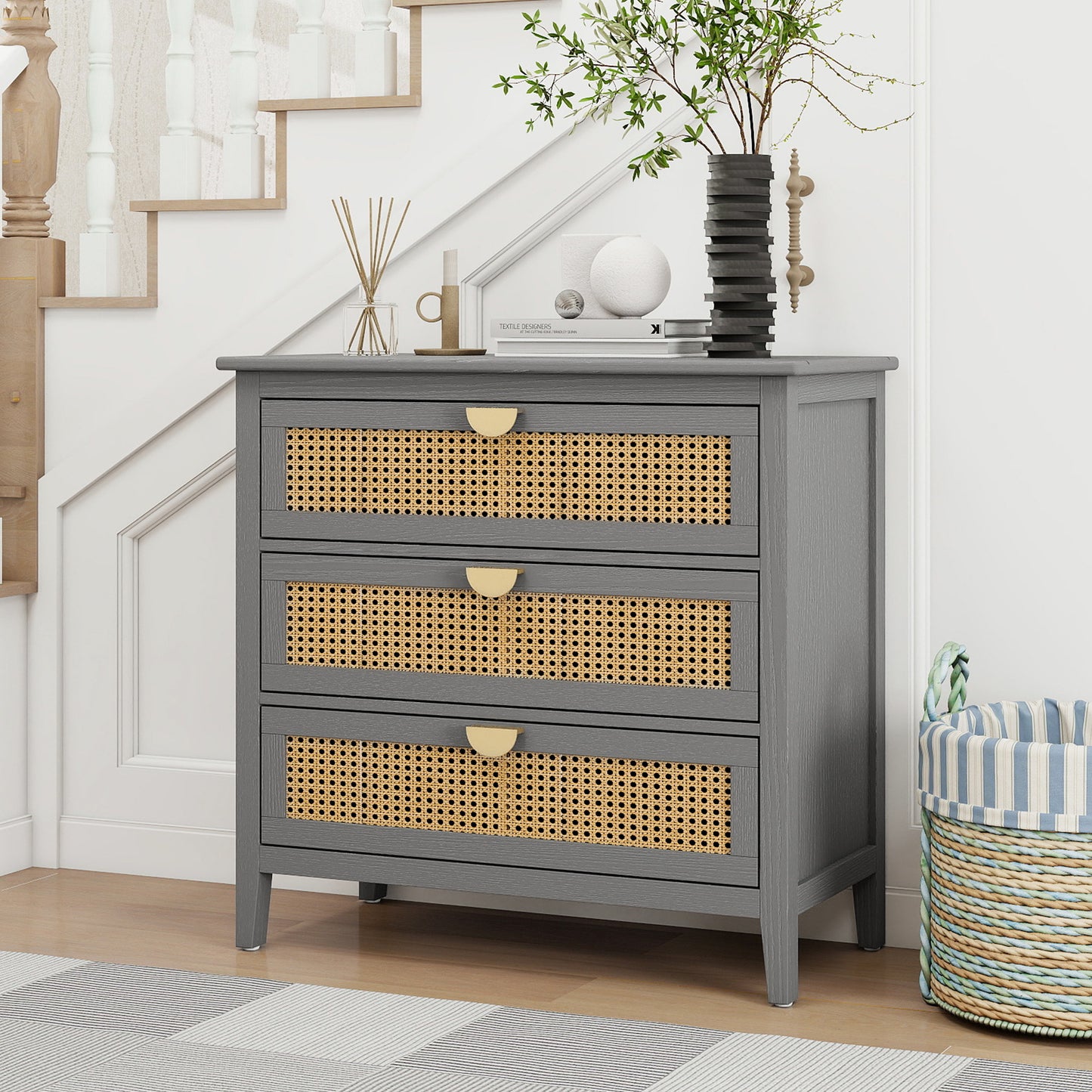 3 Drawer Cabinet Natural Rattan Suitable For Bedroom - Gray