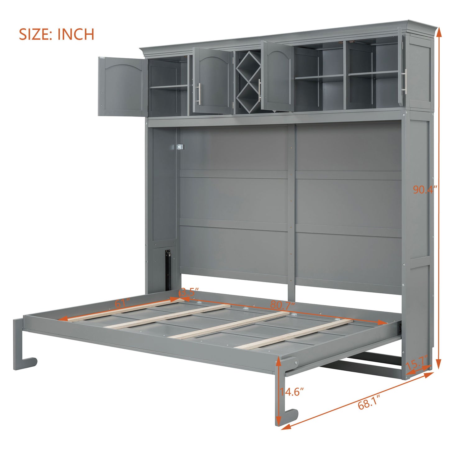 Queen Size Murphy Wall Bed With Top Cabinets & Wine Rack - Gray