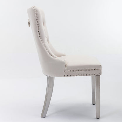 Nikki - Modern, High-End Tufted Solid Wood Contemporary Velvet Upholstered Dining Chair With Chrome Stainless Steel Plating Legs, Nailhead Trim (Set of 2) - Beige