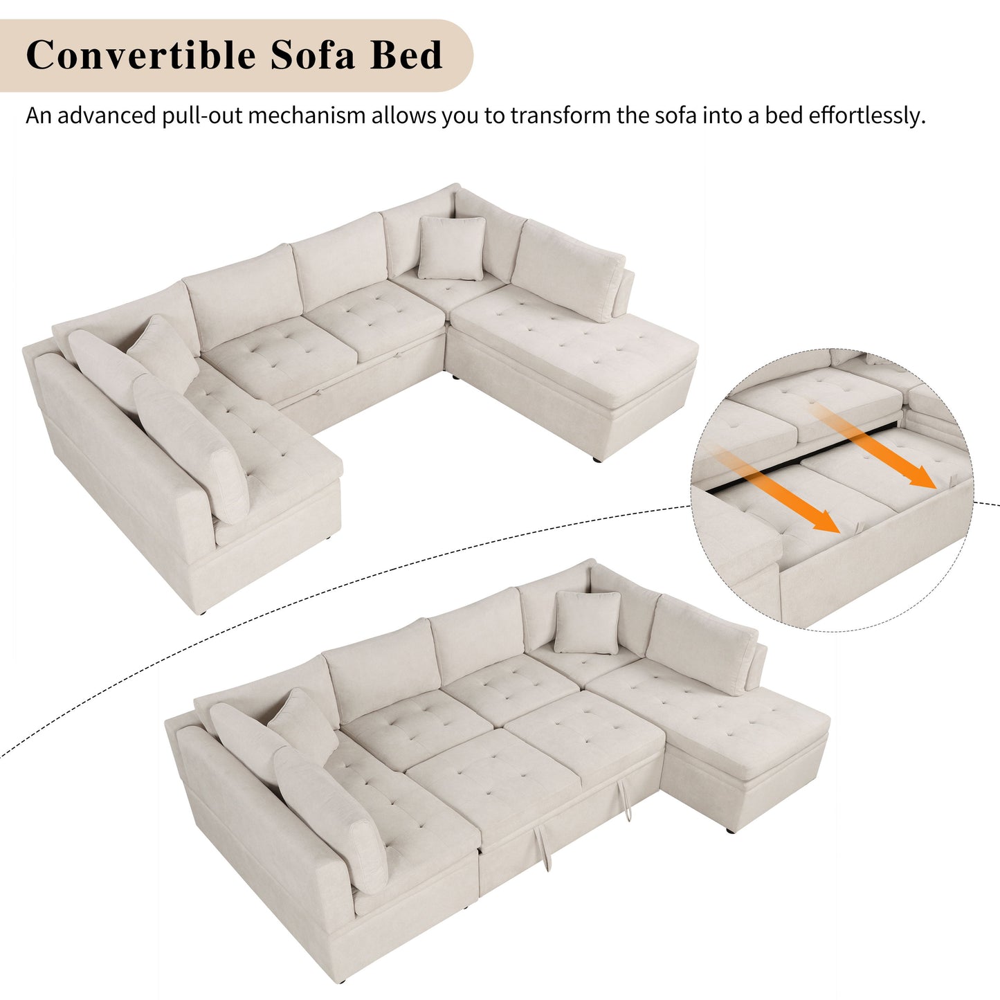 Oversized Sectional Sofa U-Shaped Sofa Couch Pull-Out Sofa Bed With Two Throw Pillows For Living Room - Beige
