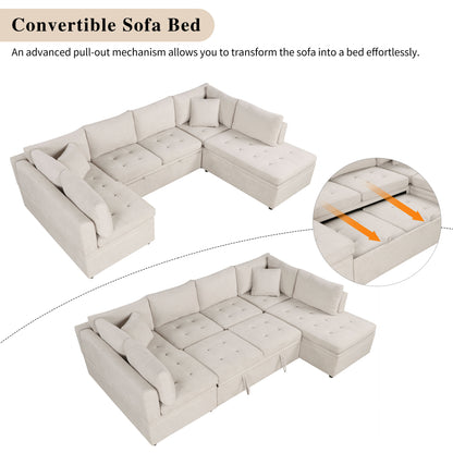 Oversized Sectional Sofa U-Shaped Sofa Couch Pull-Out Sofa Bed With Two Throw Pillows For Living Room - Beige