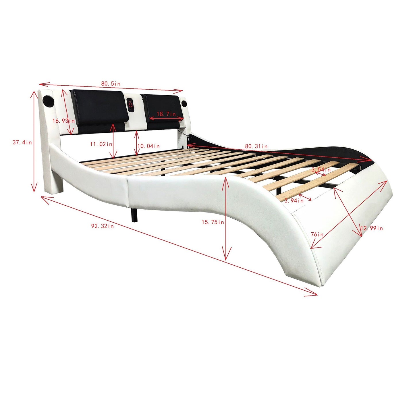 King Size Upholstered Platform Bed Frame With LED Lighting, Bluetooth Connection To Play Music Control, Backrest Vibration Massage, Curve Design, Wood Slat Support, Exhibited Speakers - White