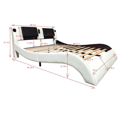 King Size Upholstered Platform Bed Frame With LED Lighting, Bluetooth Connection To Play Music Control, Backrest Vibration Massage, Curve Design, Wood Slat Support, Exhibited Speakers - White