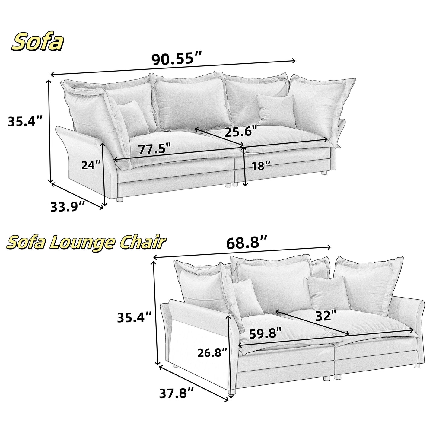 Modern Comfy Upholstered Sofa Cloud Couch, Deep Seat Couches With Multiple Large Soft Pillows, Convertible Deep Seat Chaise Longue For Living Room - Beige