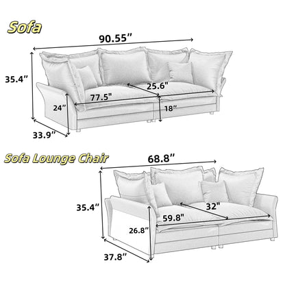 Modern Comfy Upholstered Sofa Cloud Couch, Deep Seat Couches With Multiple Large Soft Pillows, Convertible Deep Seat Chaise Longue For Living Room - Beige