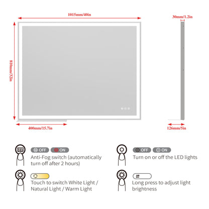 LED Bathroom Vanity Mirror, Wall Mounted Adjustable White / Warm / Natural Lights Anti-Fog Touch Switch With Memory Modern Smart Large Bathroom Mirrors - Silver
