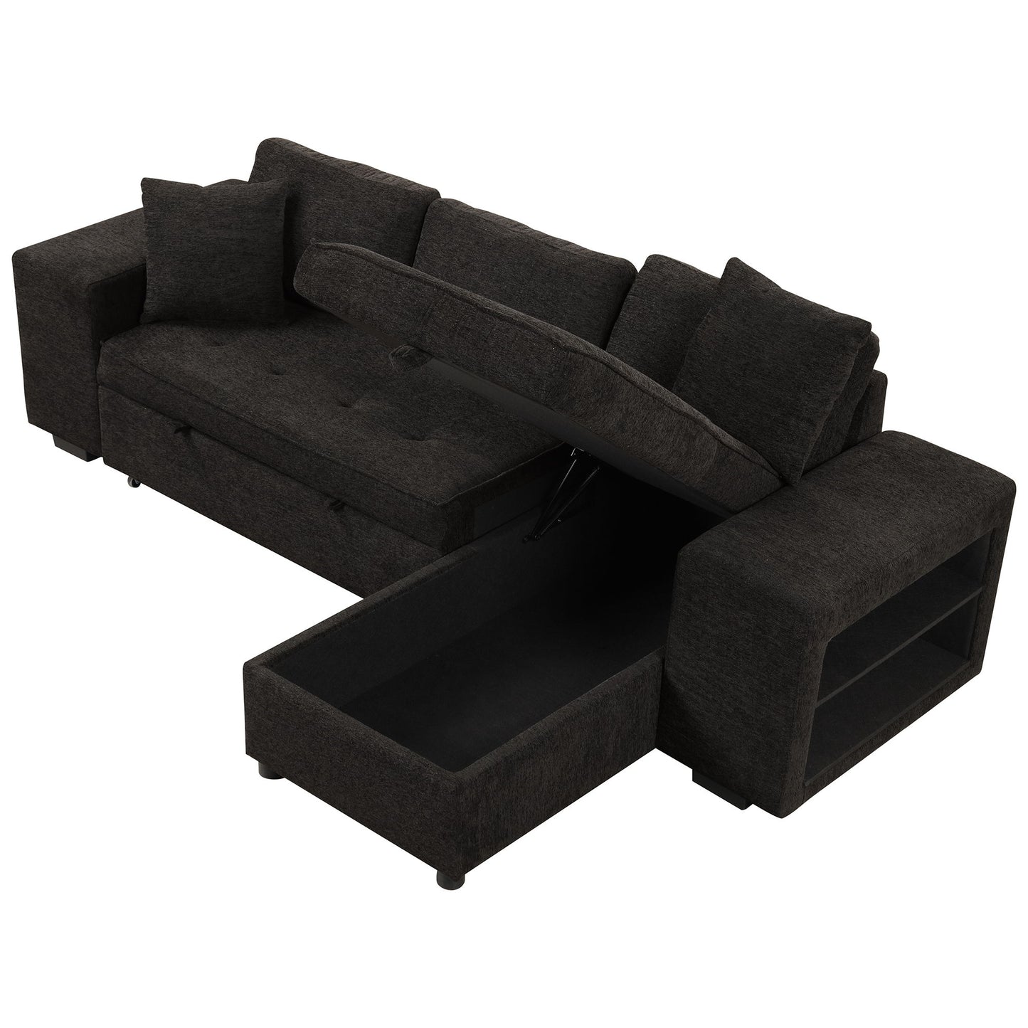 Modern L-Shape 3 Seat Reversible Sectional Couch, Pull Out Sleeper Sofa With Storage Chaise And 2 Stools For Living Room Furniture Set - Charcoal Gray