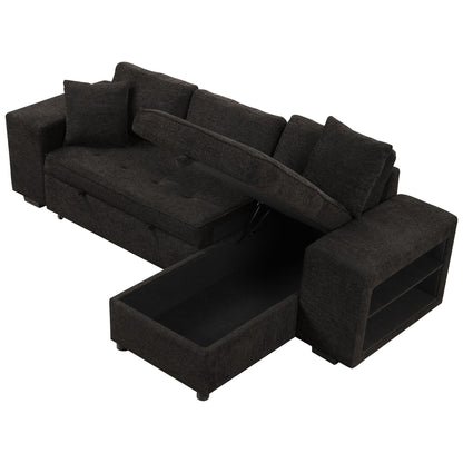 Modern L-Shape 3 Seat Reversible Sectional Couch, Pull Out Sleeper Sofa With Storage Chaise And 2 Stools For Living Room Furniture Set - Charcoal Gray
